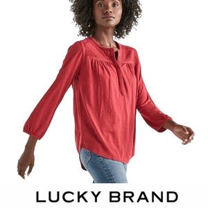 Lucky Brand Embroidered V-Neck Long Sleeve Top in Red Size Medium